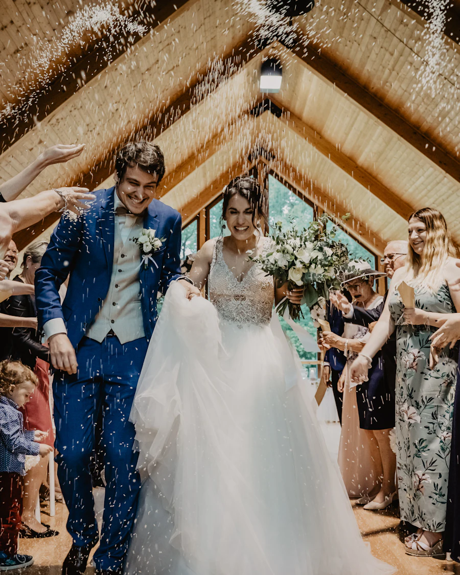 A bride and groom standing together