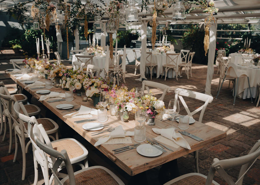 A room set with long tables for a wedding